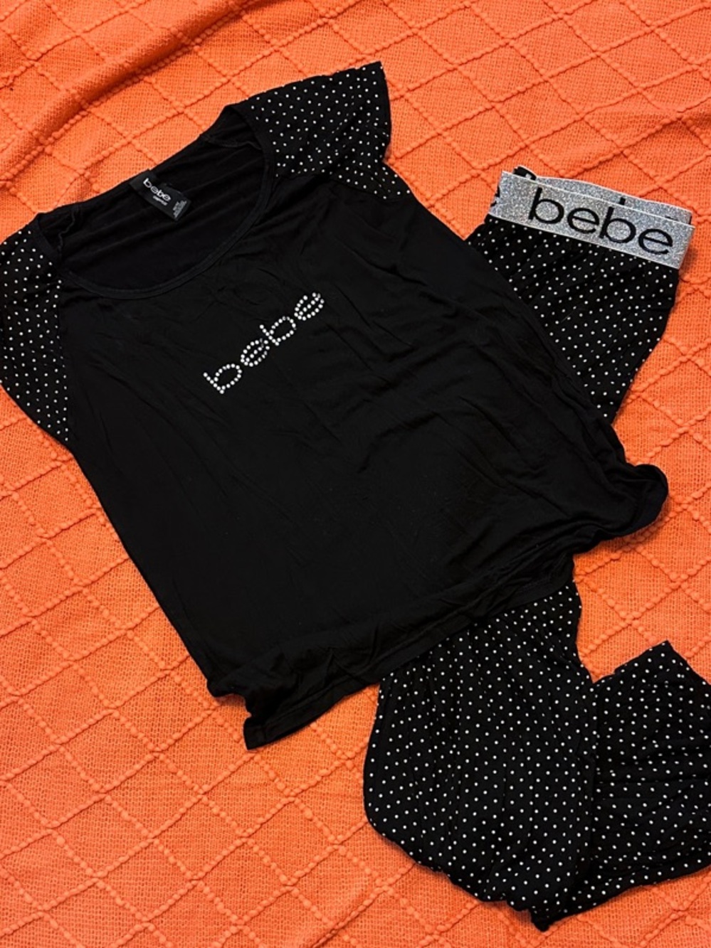 bebe Black Polka Dot Short Sleeve Sleep Set with Silver Logo Band